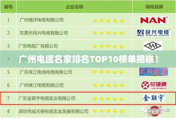 广州电缆名家排名TOP10榜单揭晓!